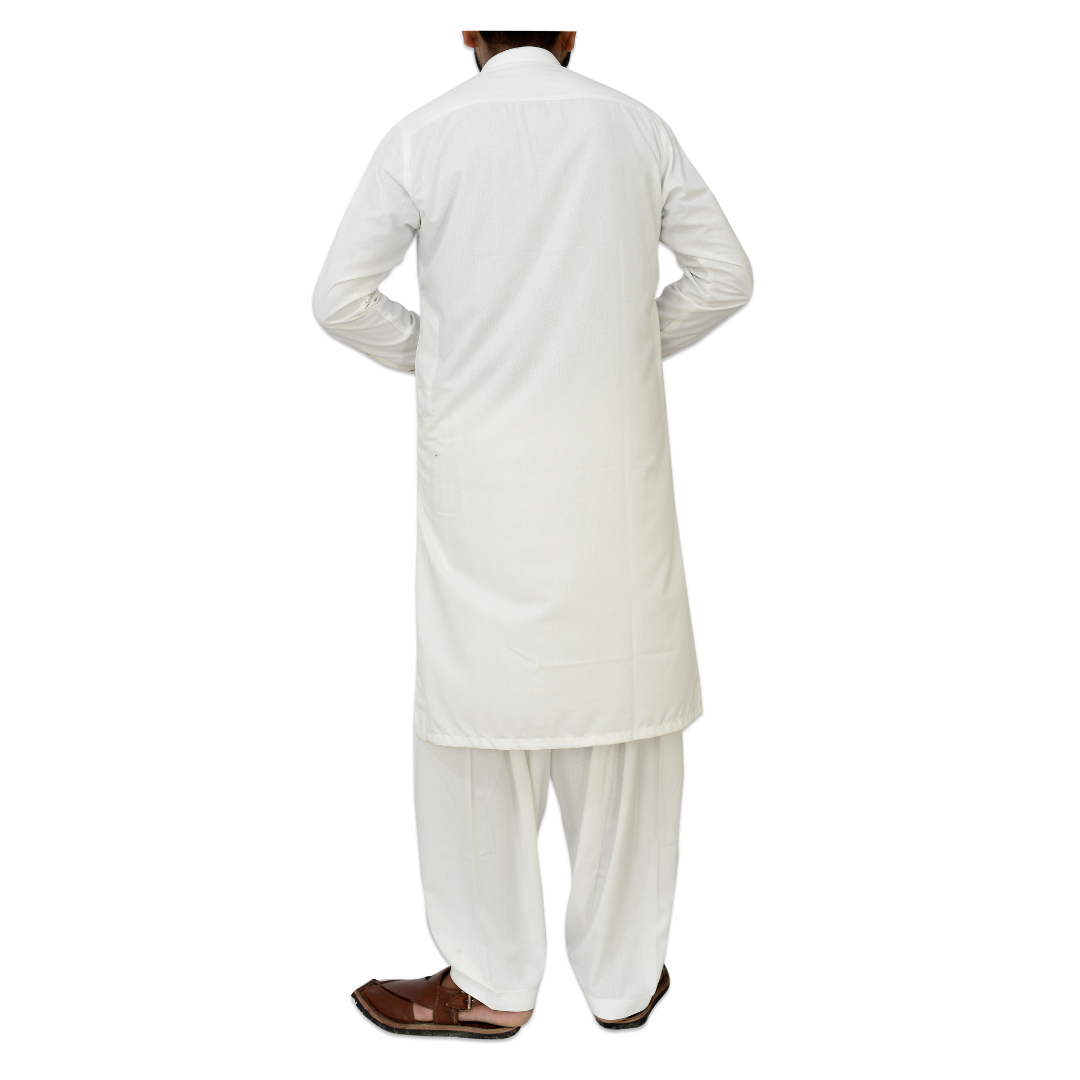 Poly Viscose White Band Collar Kameez Shalwar Cotton & Cotton