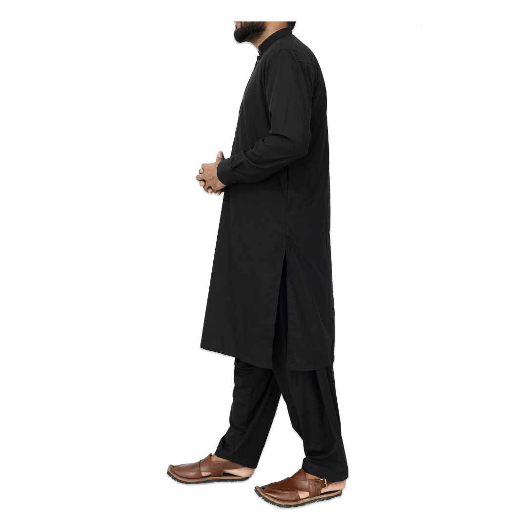 Poly Viscose Black Band Collar Kameez Shalwar Cotton & Cotton